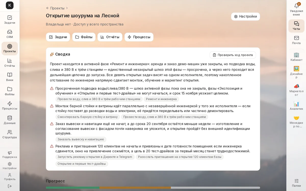 Карточка проекта «Открытие шоурума»: сводка называет просроченную подводку воды как узкое место и связывает с ней четыре риска